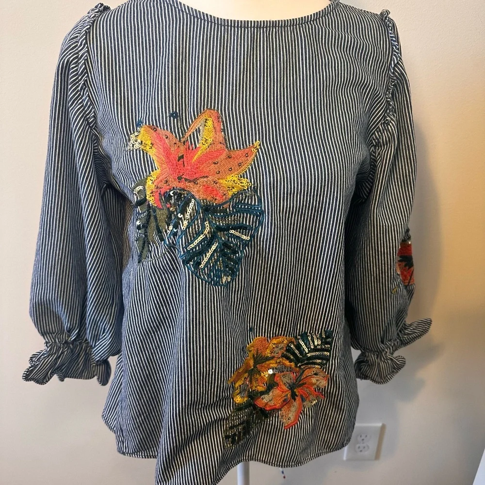 Zara Embroidered Denim Striped Balloon Sleeve Top Size Small - Picture 1 of 6
